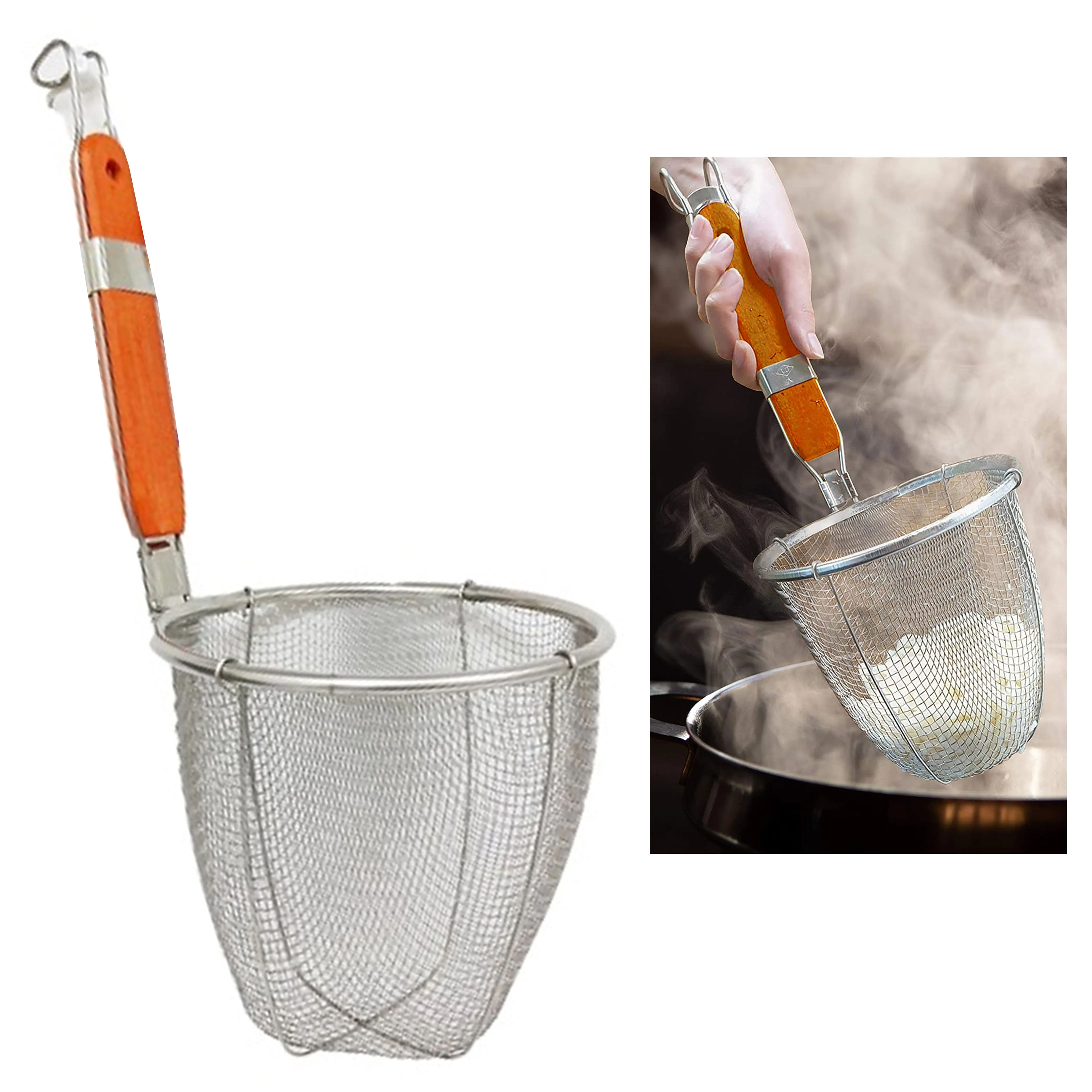 1 Deep Fry Basket 5.5" Dia Stainless Steel Strainer Noodle Sieve Colander Handle