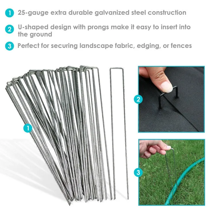 12" Outdoor Lawn and Garden Galvanized Steel Staple Stakes for Landscape Fabric/Fences/Sod 100-Pack
