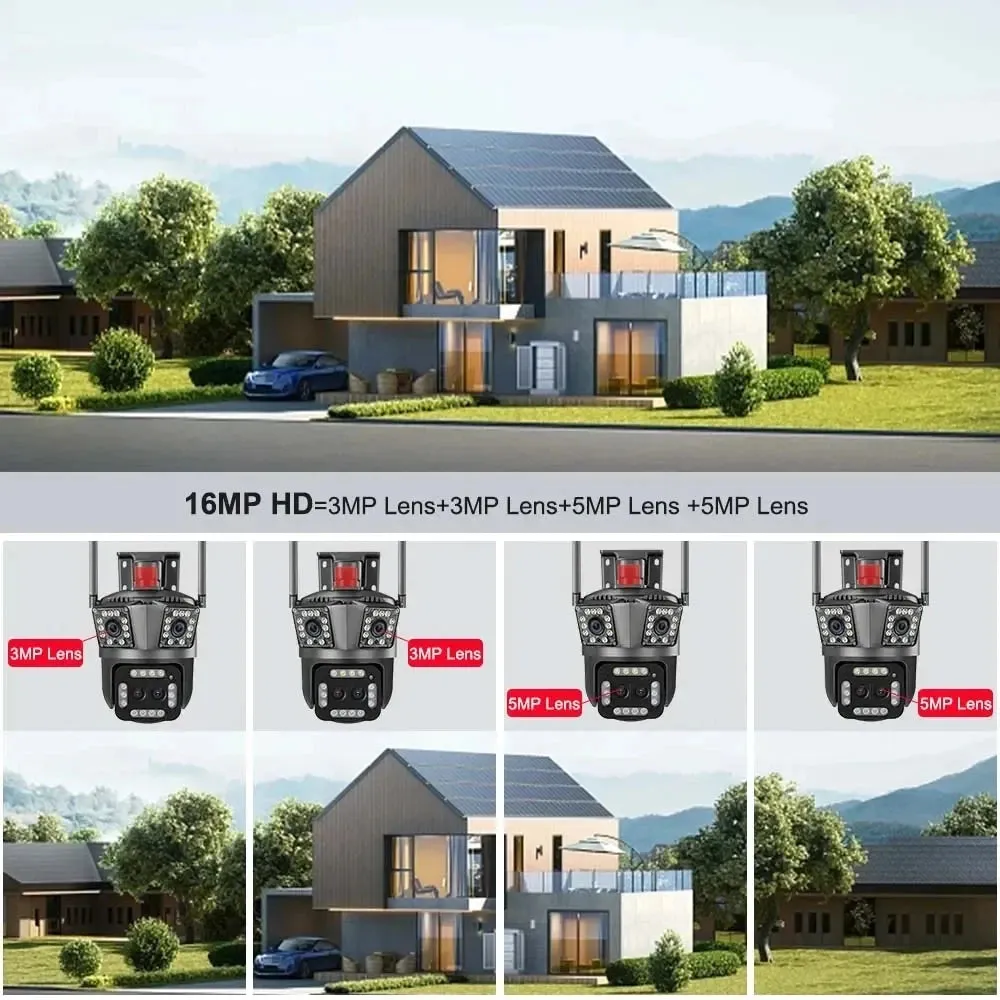 16MP 8K WiFi IP Camera 10X Zoom 4K Outdoor Security Camera AI Track Four Lens Three Screen Street 360 Surveillance PTZ Cameras