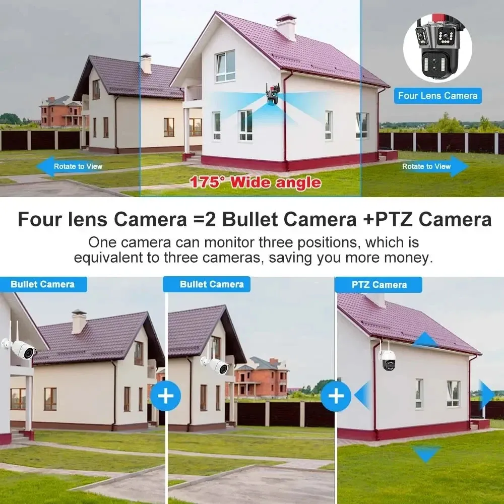 16MP 8K WiFi IP Camera 10X Zoom 4K Outdoor Security Camera AI Track Four Lens Three Screen Street 360 Surveillance PTZ Cameras
