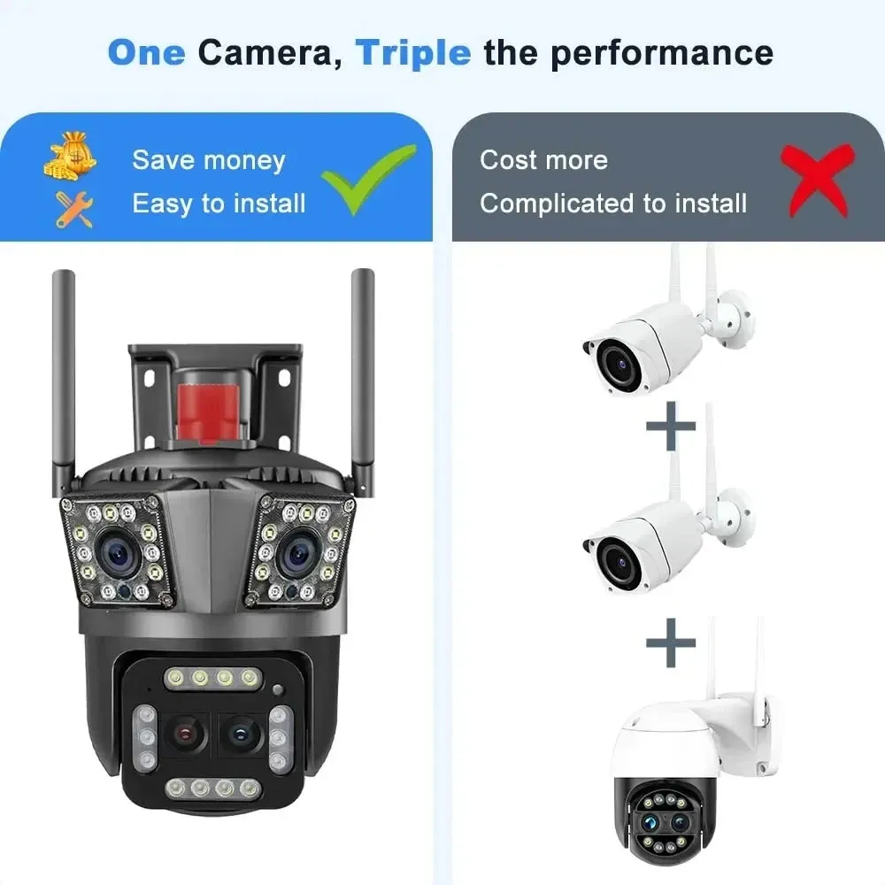 16MP 8K WiFi IP Camera 10X Zoom 4K Outdoor Security Camera AI Track Four Lens Three Screen Street 360 Surveillance PTZ Cameras