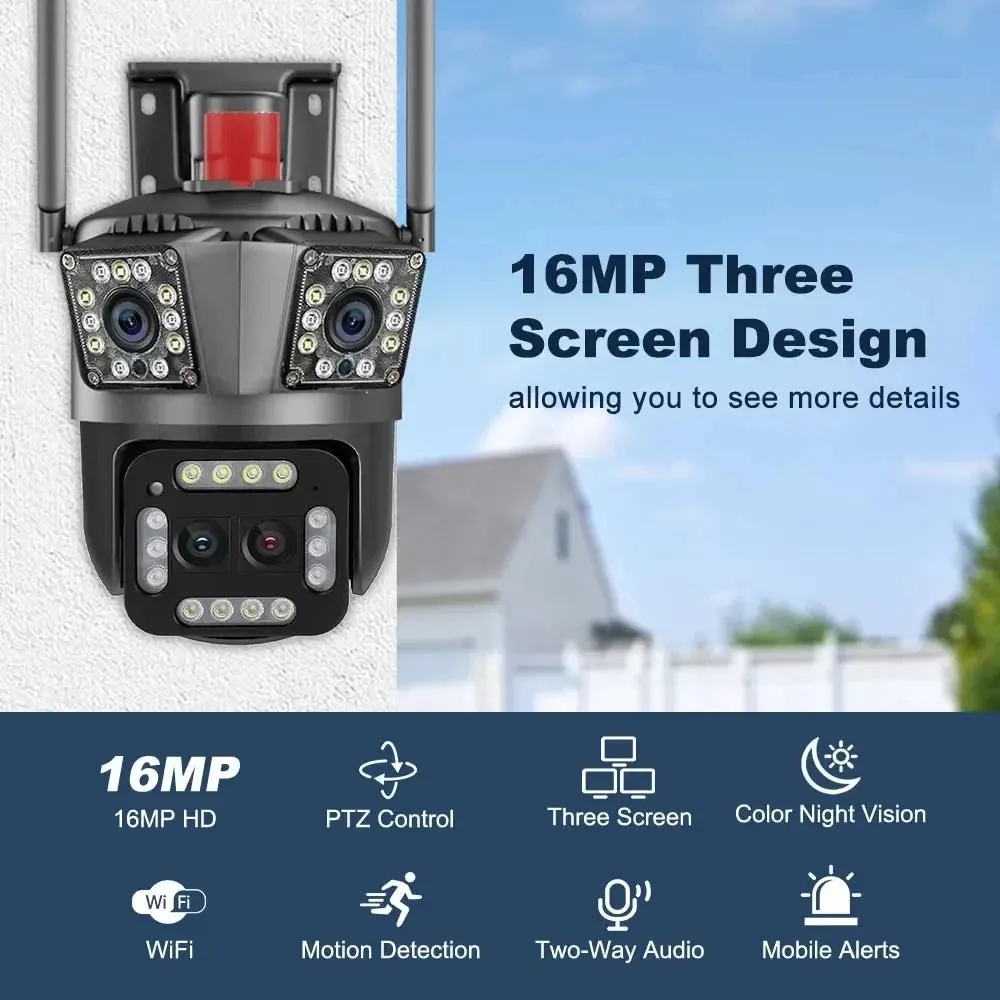 16MP 8K WiFi IP Camera 10X Zoom 4K Outdoor Security Camera AI Track Four Lens Three Screen Street 360 Surveillance PTZ Cameras