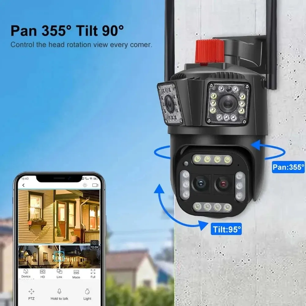 16MP 8K WiFi IP Camera 10X Zoom 4K Outdoor Security Camera AI Track Four Lens Three Screen Street 360 Surveillance PTZ Cameras