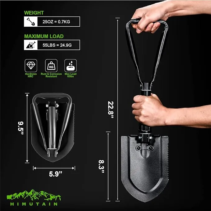 22.8'' Military Folding Camping Shovel, w/Pick Foldable Tactical Shovel for Gardening, Camping, Hiking, Outdoor, Backpacking, Emergency (Black)