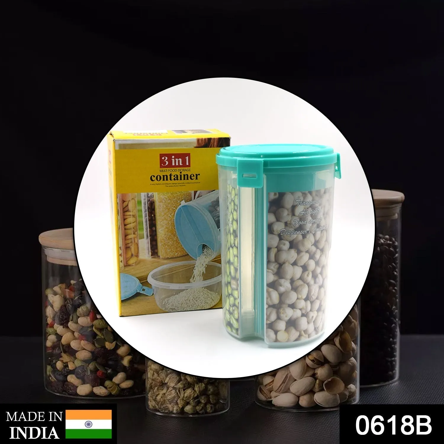 3 in 1 Transparent Air Tight Storage Dispenser Container (With Color Box)
