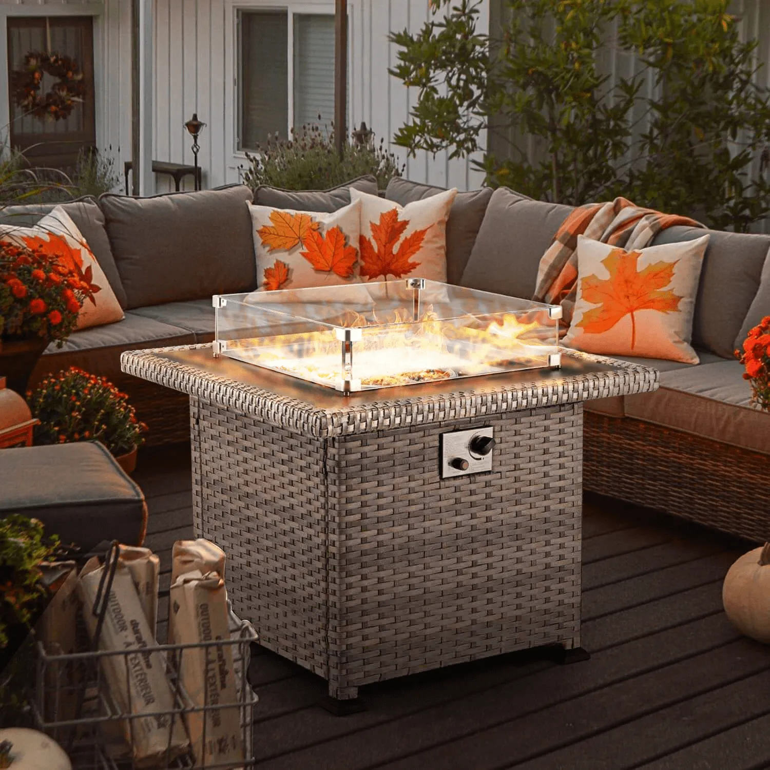 32'' Propane Fire Pit Table, 50000 BTU Square Gas Fire Pit w/ Glass Beads & Waterproof cover