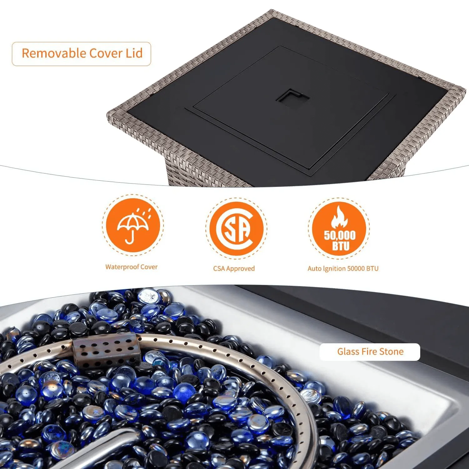 32'' Propane Fire Pit Table, 50000 BTU Square Gas Fire Pit w/ Glass Beads & Waterproof cover