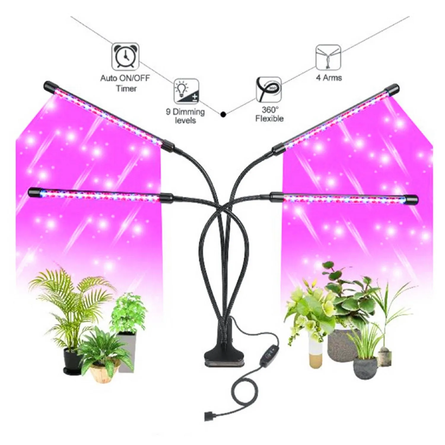 80W Flexible Plant Grow Light with Timer, 4 Heads - NOVEDEN