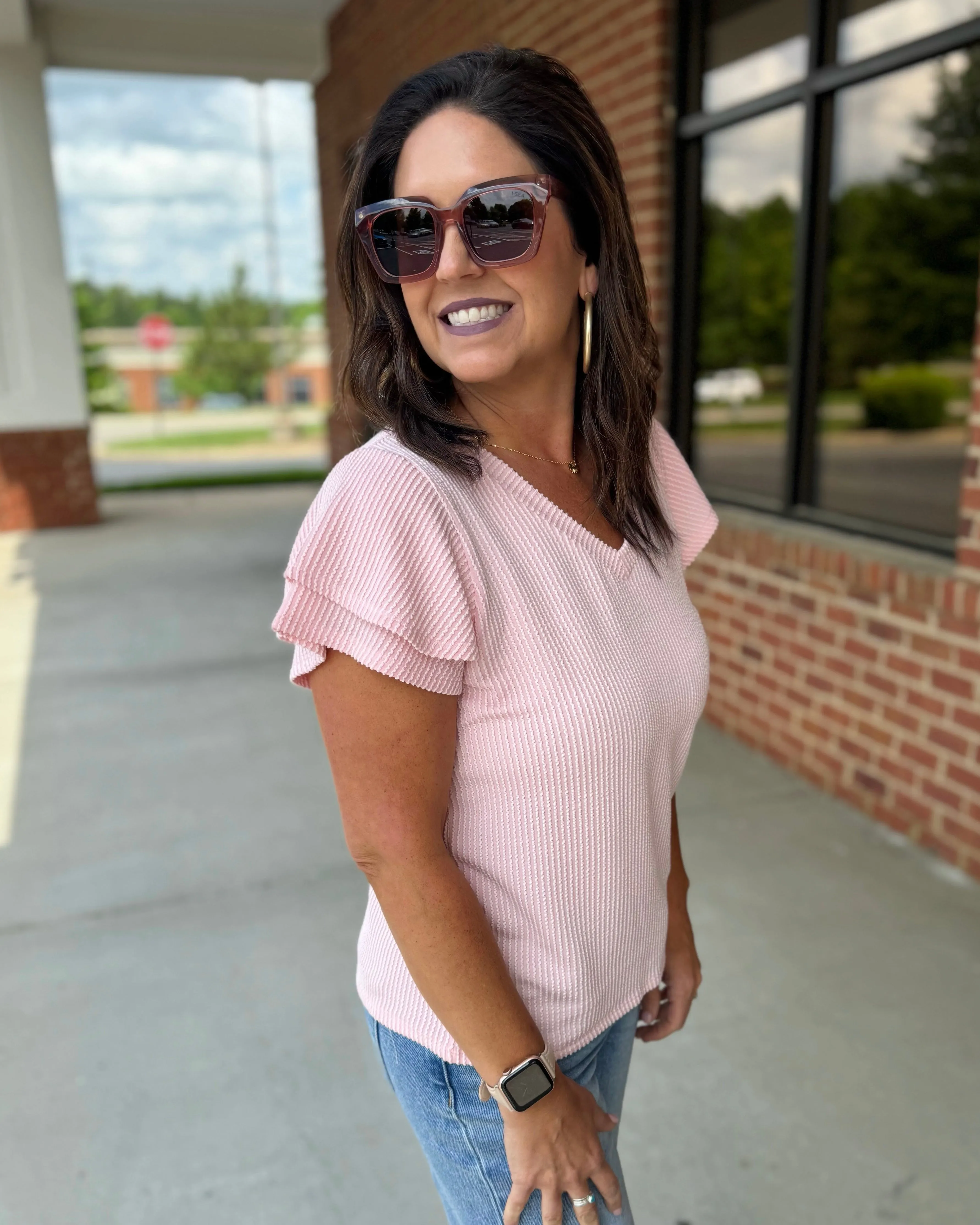 Christie Flutter Sleeve Top in Icy Blush