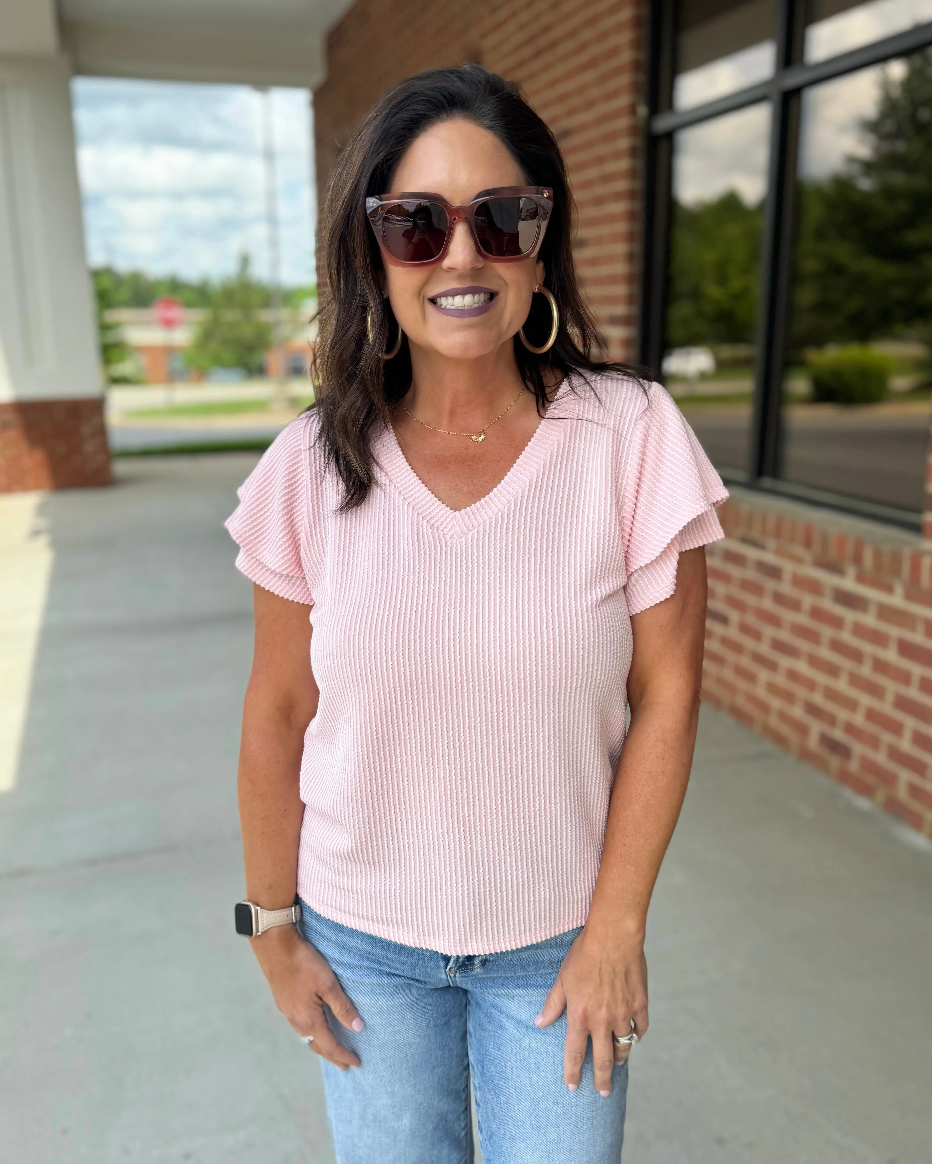 Christie Flutter Sleeve Top in Icy Blush