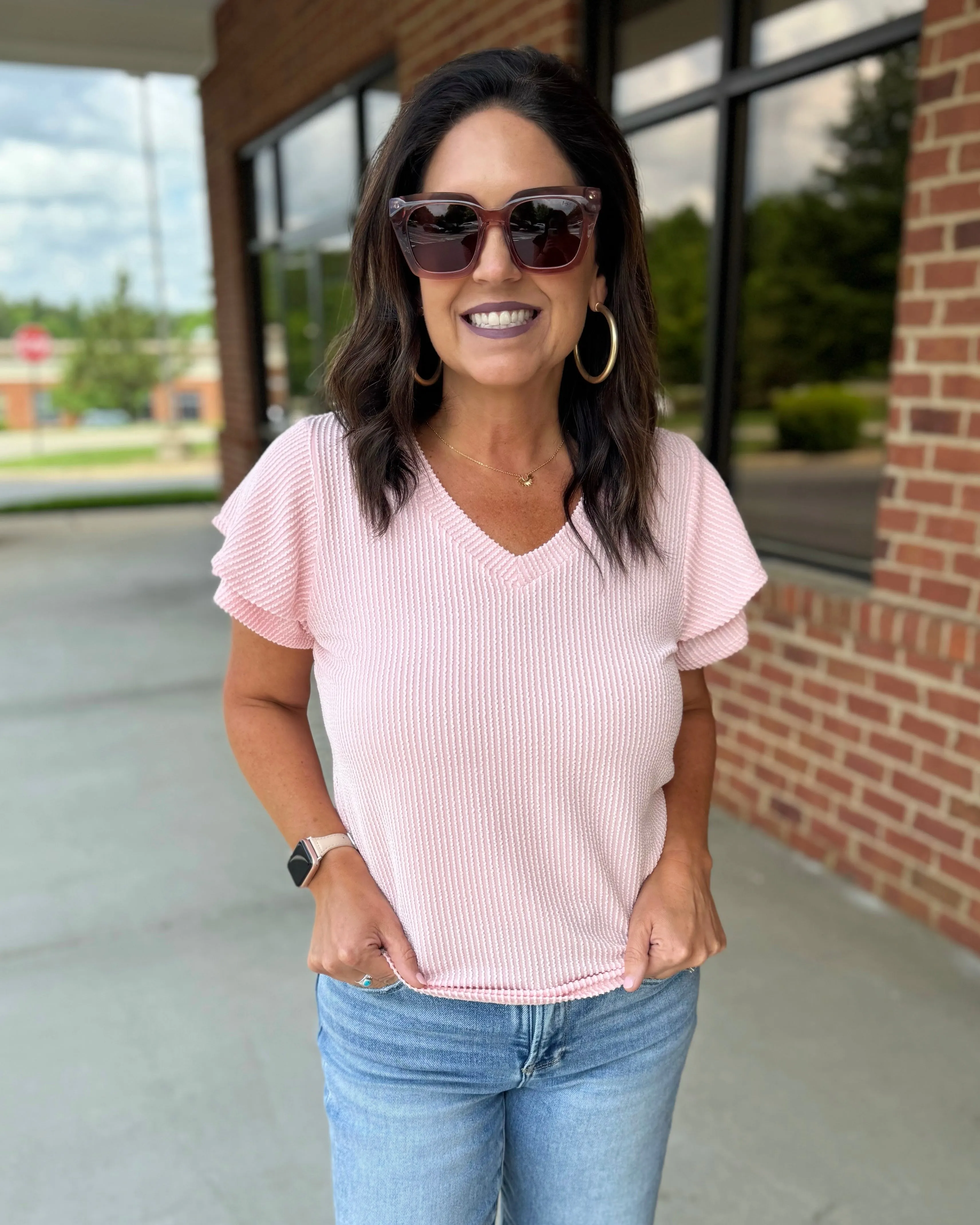Christie Flutter Sleeve Top in Icy Blush