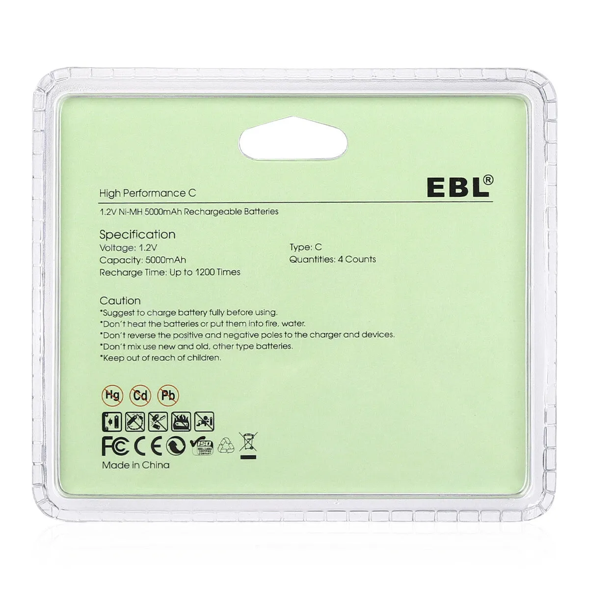 EBL Rechargeable C Batteries 5000mAh New Retail Package
