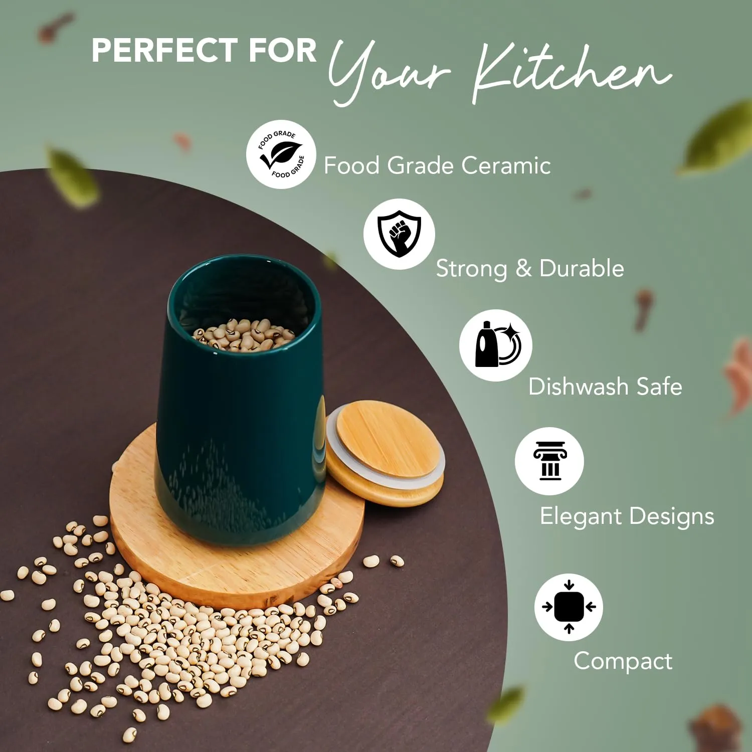 Ekhasa Ceramic Jar with Bamboo Lid for Multipurpose Kitchen Storage (850ml) (Green) | Airtight Container Storage Jar for Kitchen | Tea, Coffee, Sugar, Snacks, Salt Container | Pickle Storage Barni