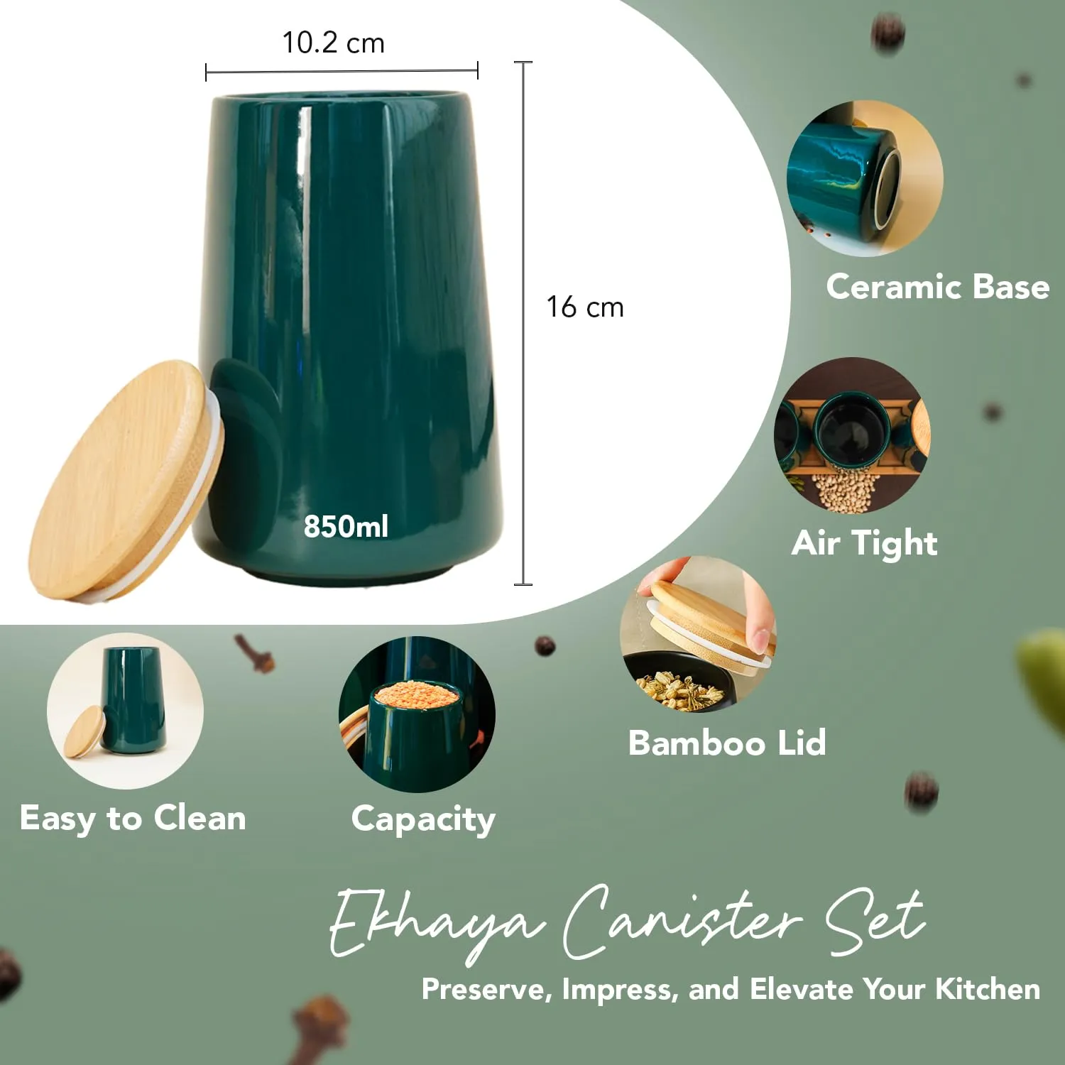 Ekhasa Ceramic Jar with Bamboo Lid for Multipurpose Kitchen Storage (850ml) (Green) | Airtight Container Storage Jar for Kitchen | Tea, Coffee, Sugar, Snacks, Salt Container | Pickle Storage Barni