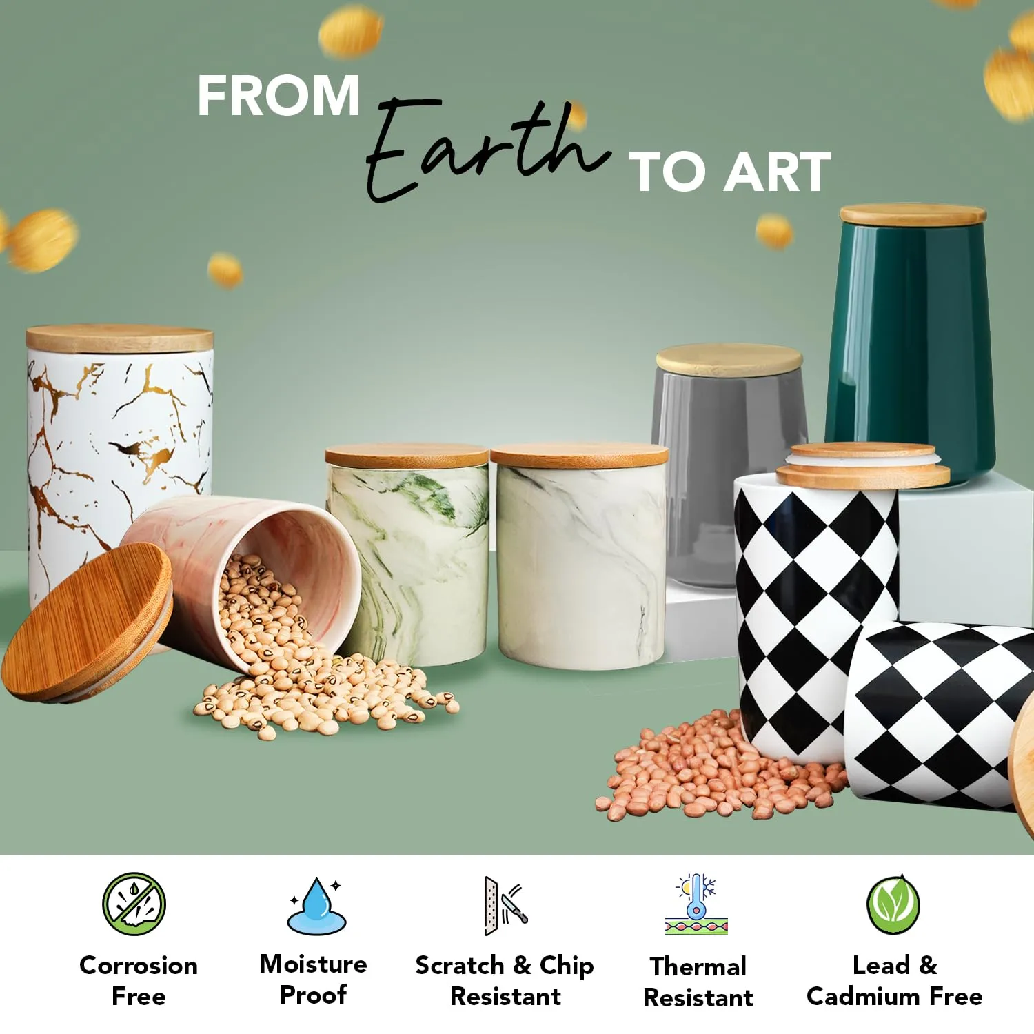 Ekhasa Ceramic Jar with Bamboo Lid for Multipurpose Kitchen Storage (850ml) (Green) | Airtight Container Storage Jar for Kitchen | Tea, Coffee, Sugar, Snacks, Salt Container | Pickle Storage Barni