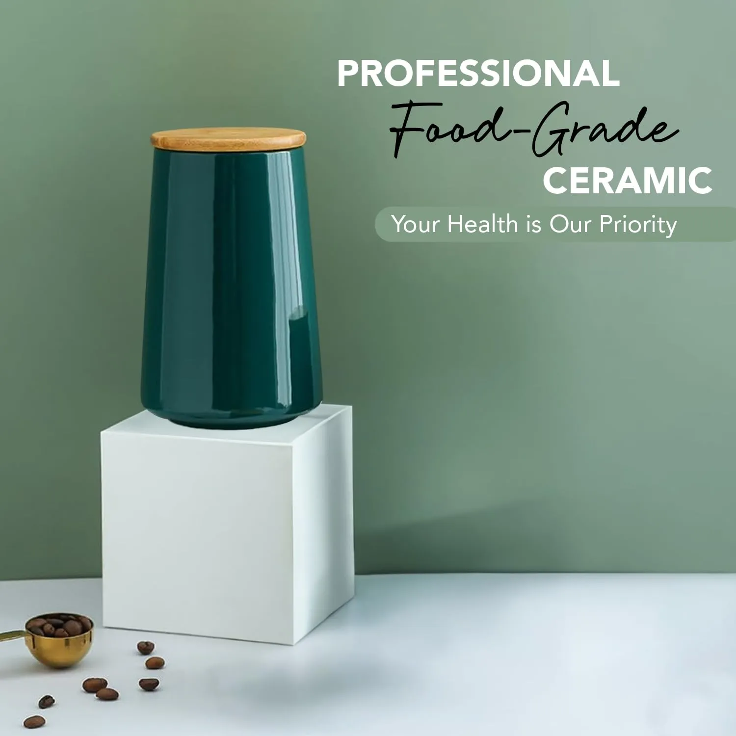 Ekhasa Ceramic Jar with Bamboo Lid for Multipurpose Kitchen Storage (850ml) (Green) | Airtight Container Storage Jar for Kitchen | Tea, Coffee, Sugar, Snacks, Salt Container | Pickle Storage Barni
