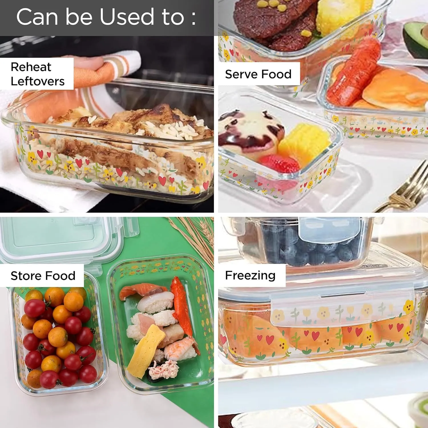 Homestic Borosilicate Printed Container With Lid (Rectangular) | JDA053-MUL | Transparent | Pack Of 2