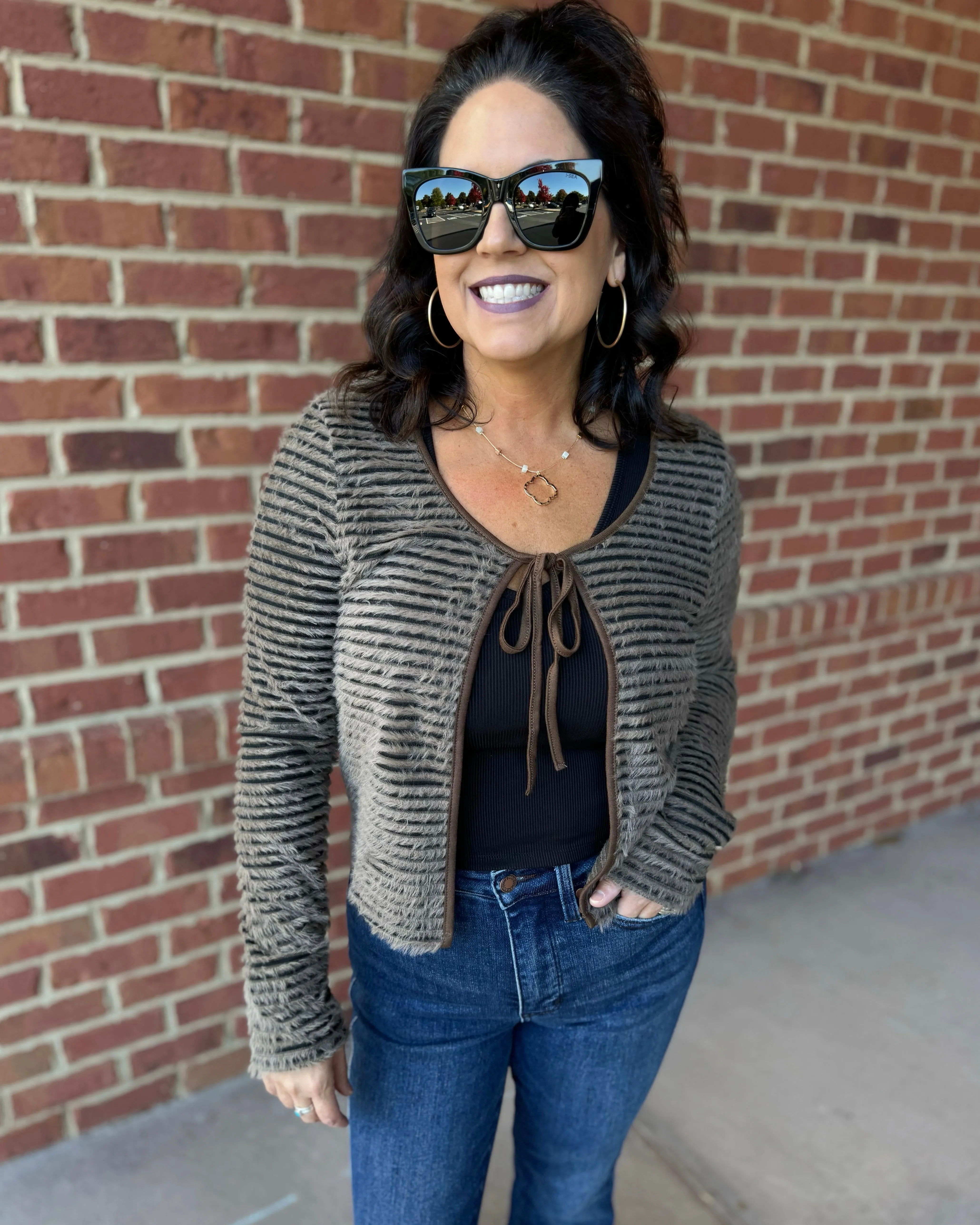 Karen Crop Cardigan in Taupe/Black FINAL SALE