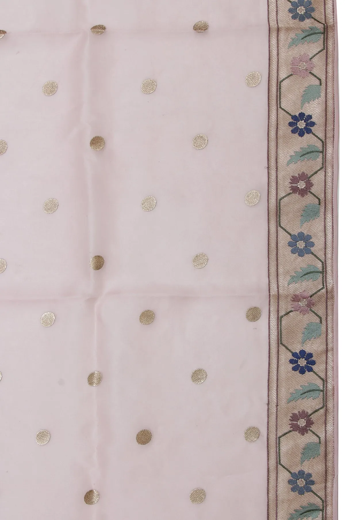 Pink Organza Silk Saree with Gold Zari Floral Leaf Creeper and Polka Dots