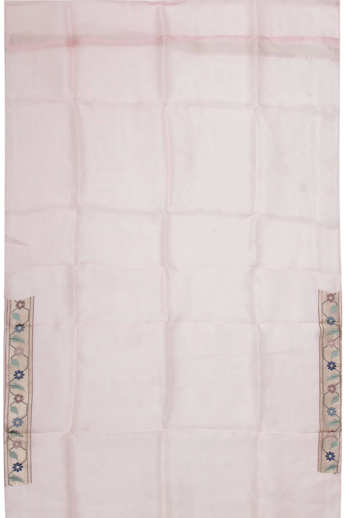 Pink Organza Silk Saree with Gold Zari Floral Leaf Creeper and Polka Dots