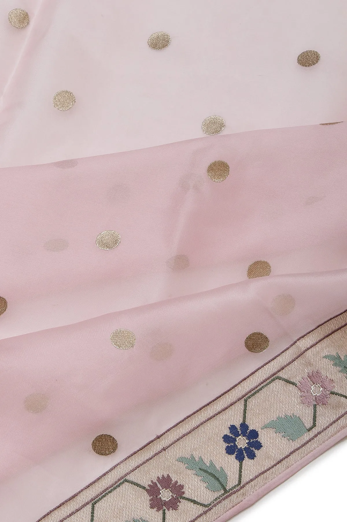 Pink Organza Silk Saree with Gold Zari Floral Leaf Creeper and Polka Dots