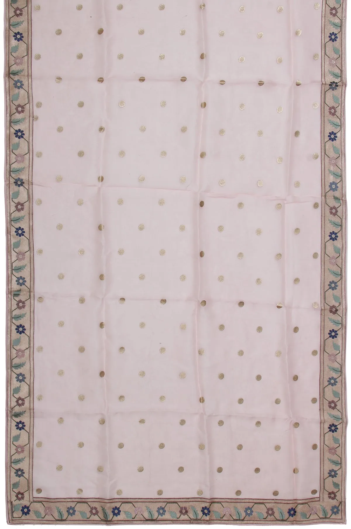 Pink Organza Silk Saree with Gold Zari Floral Leaf Creeper and Polka Dots