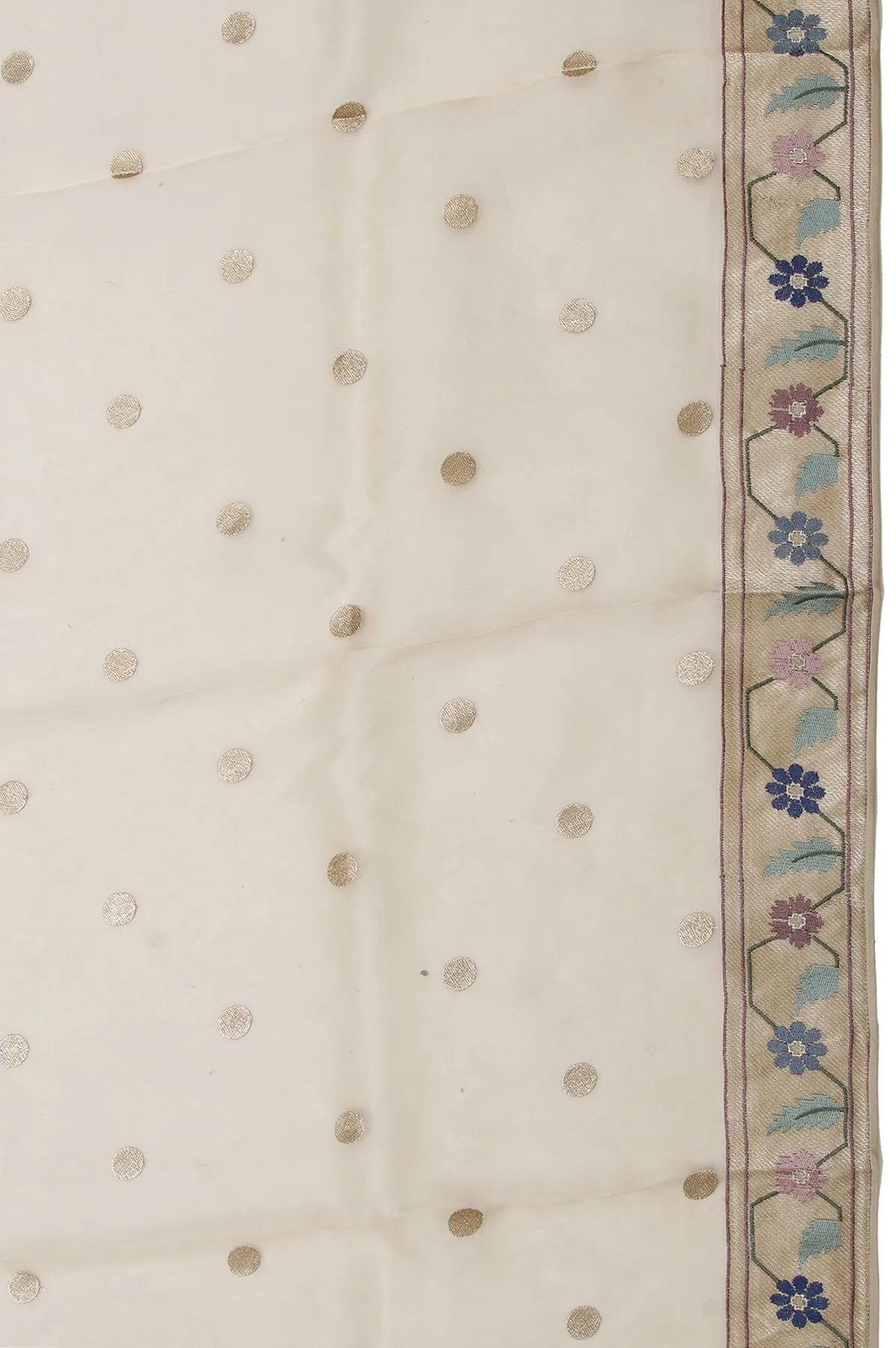 Sandal Organza Silk Saree with Gold Zari Floral Leaf Creeper and Polka Dots