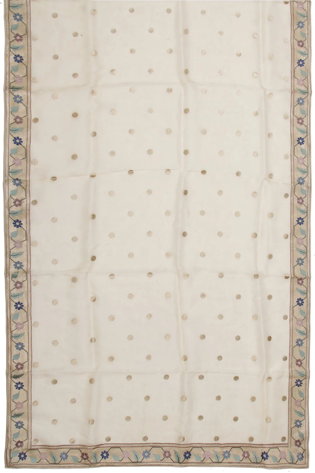 Sandal Organza Silk Saree with Gold Zari Floral Leaf Creeper and Polka Dots