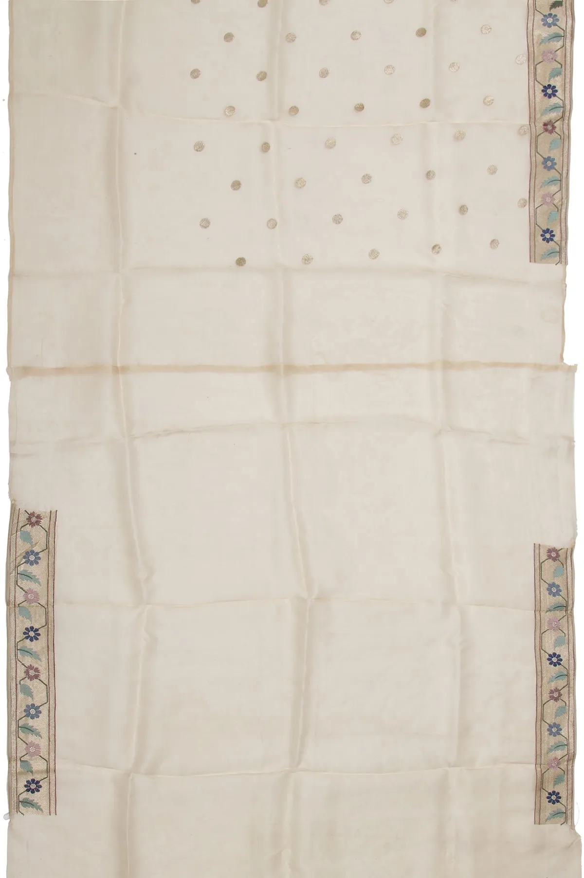 Sandal Organza Silk Saree with Gold Zari Floral Leaf Creeper and Polka Dots