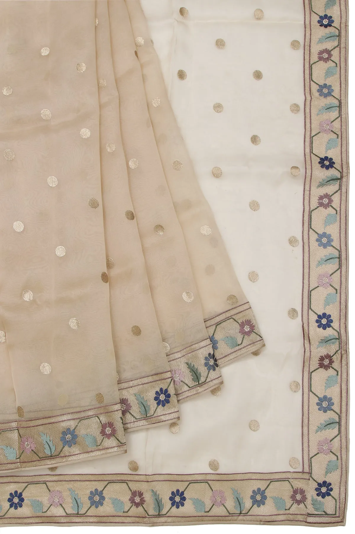 Sandal Organza Silk Saree with Gold Zari Floral Leaf Creeper and Polka Dots