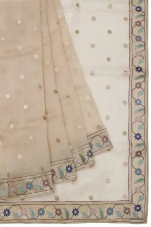 Sandal Organza Silk Saree with Gold Zari Floral Leaf Creeper and Polka Dots