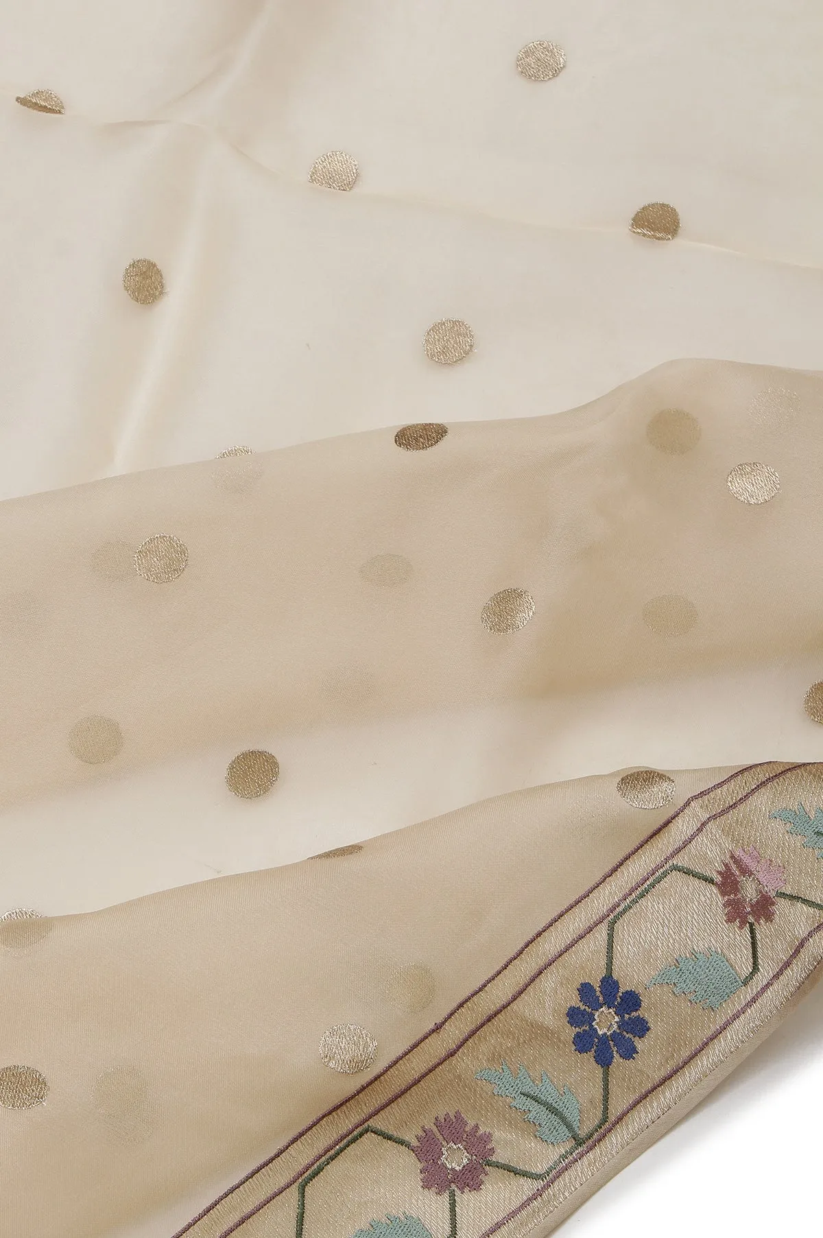 Sandal Organza Silk Saree with Gold Zari Floral Leaf Creeper and Polka Dots