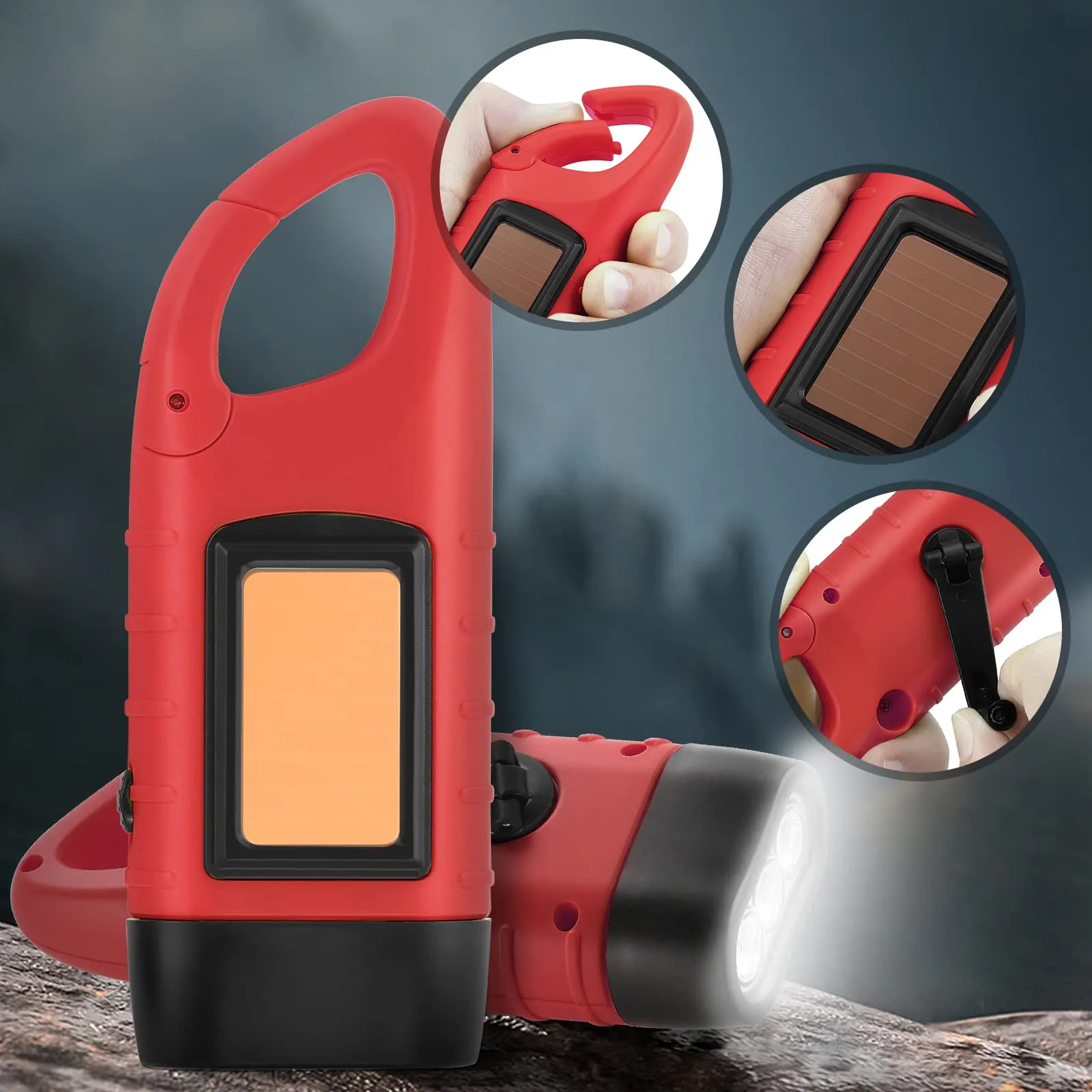 Simpeak 2-Pack Hand Crank Solar Powered Flashlight, Emergency Rechargeable LED Flashlight, Survival Flashlight, Quick Snap Carbiner Dynamo Flashlight Torch for Outdoor Sports, Red