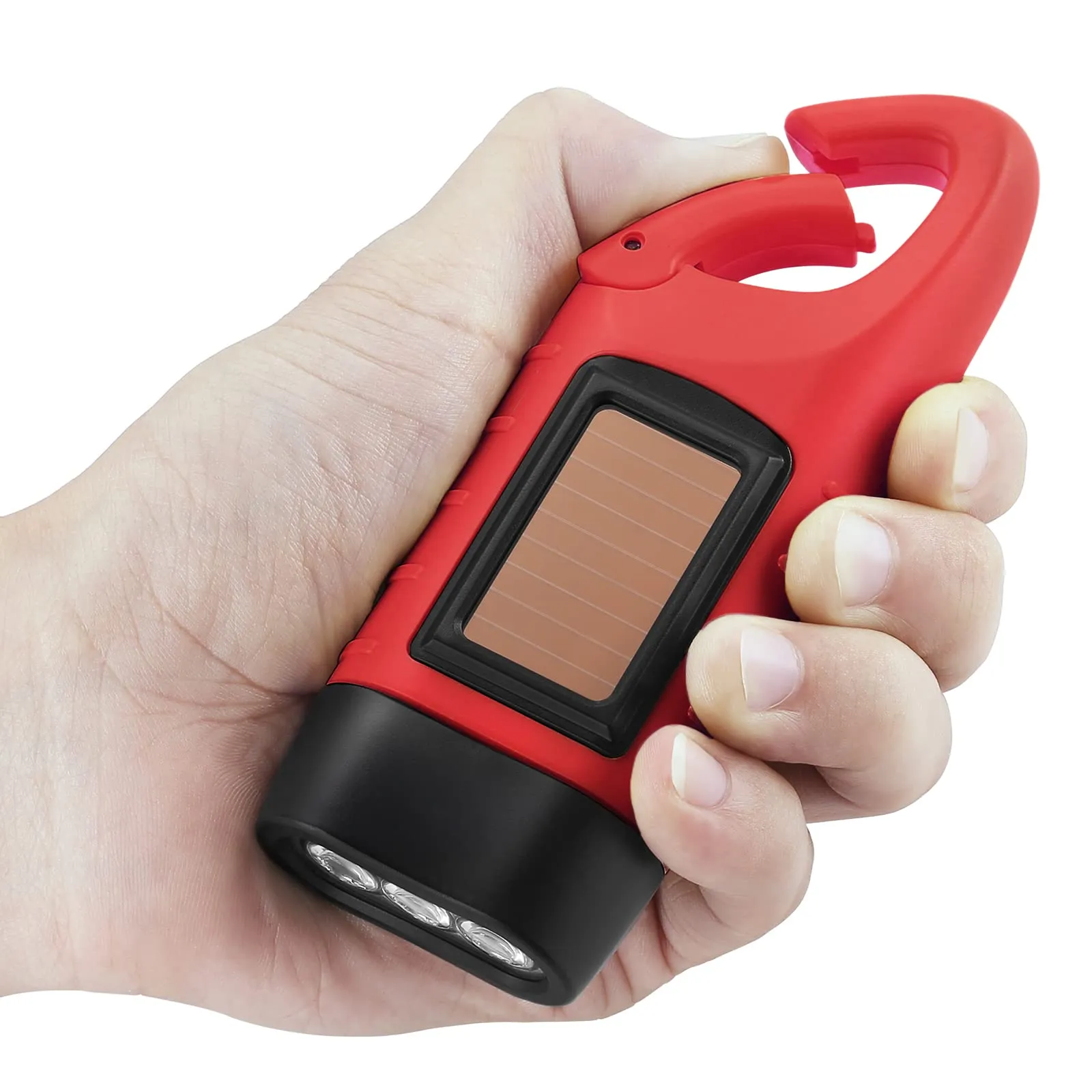 Simpeak 2-Pack Hand Crank Solar Powered Flashlight, Emergency Rechargeable LED Flashlight, Survival Flashlight, Quick Snap Carbiner Dynamo Flashlight Torch for Outdoor Sports, Red