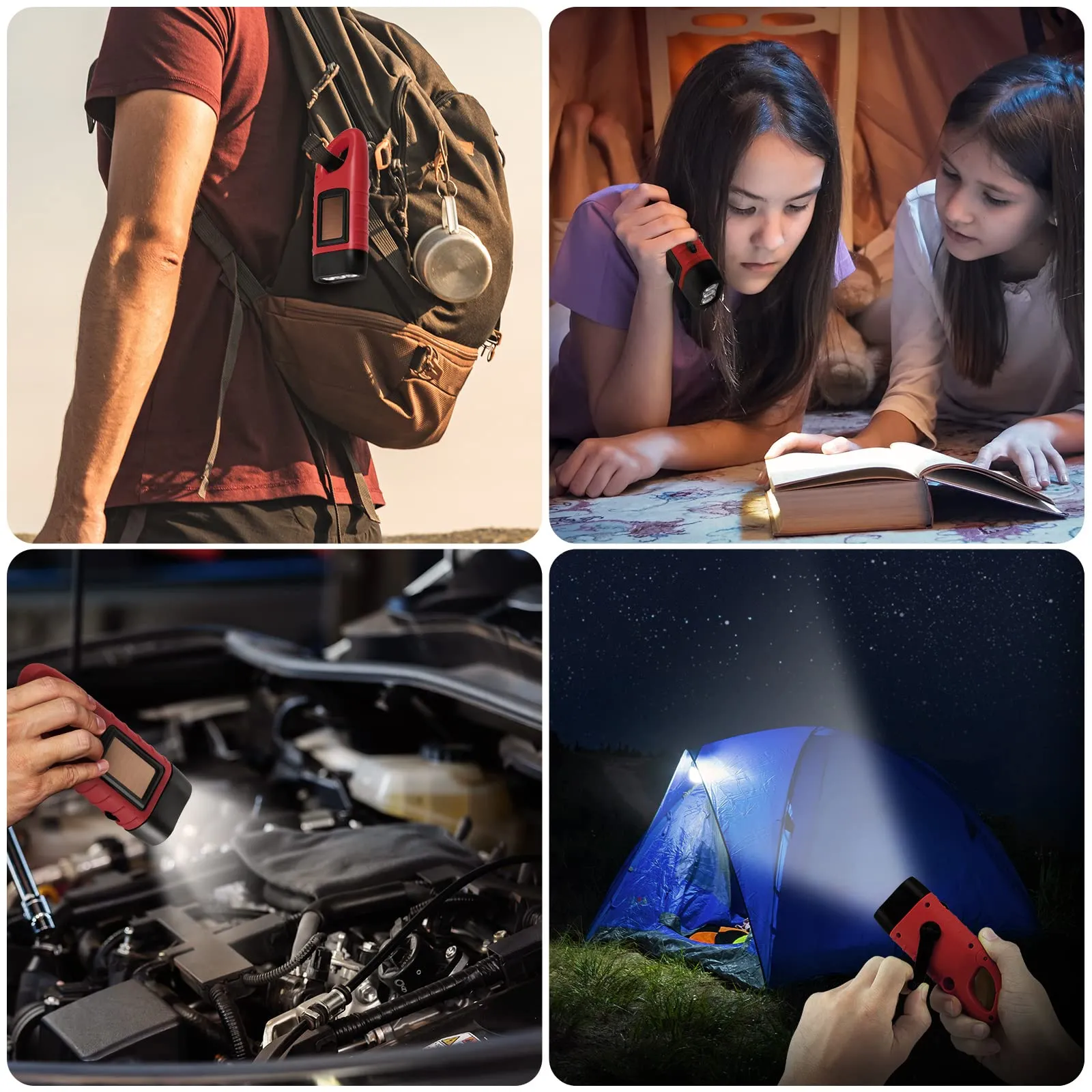 Simpeak 2-Pack Hand Crank Solar Powered Flashlight, Emergency Rechargeable LED Flashlight, Survival Flashlight, Quick Snap Carbiner Dynamo Flashlight Torch for Outdoor Sports, Red