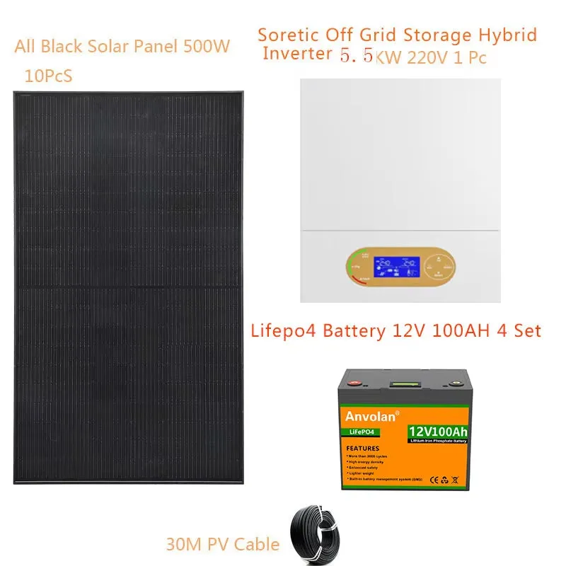 Solar System for Home Complete Kit with Lifepo4 Lithium Battery 5KW 5000W 220V off Grid System Hybrid Inverter Home Farm House