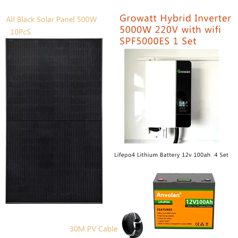 Solar System for Home Complete Kit with Lifepo4 Lithium Battery 5KW 5000W 220V off Grid System Hybrid Inverter Home Farm House