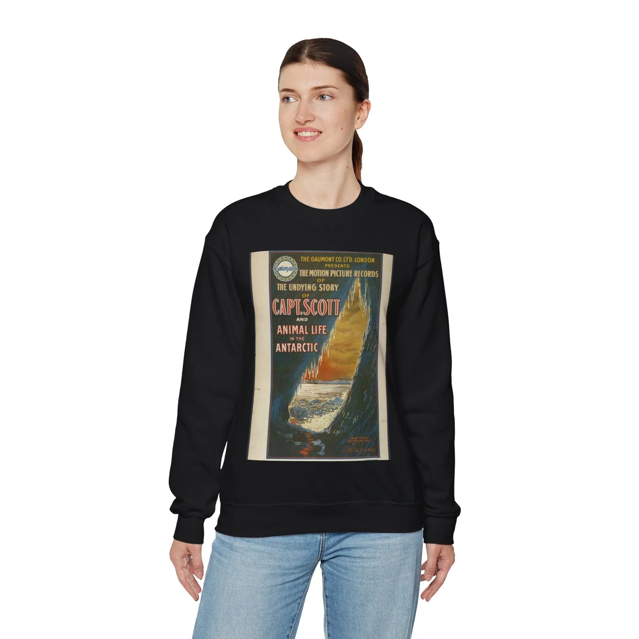 The Gaumont Co. L'T'D. London presents the motion picture records of the undying story of Capt. Scott and animal life in the Antarctic / The Morgan Lith. Co., Cleveland, O. Black Heavy Blend Adult Crew Neck SweatShirt